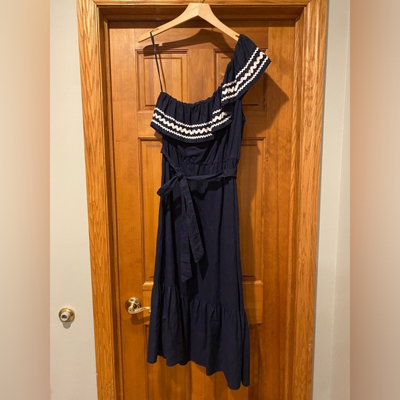 J. Crew Linen Blend One Shoulder Navy Blue Dress Size M - Picture 1 of 5